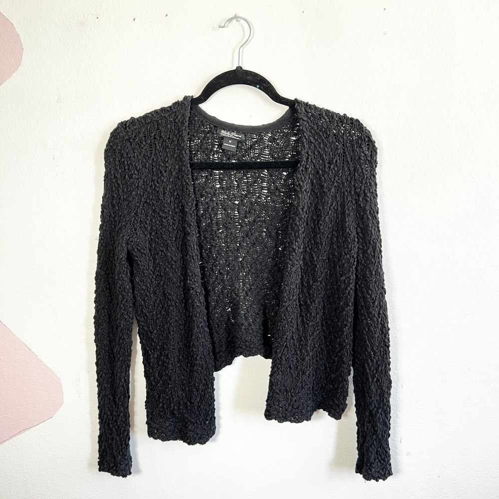 Lucky Brand Black Crochet Knit Open Front Cardigan‎ Bohemian Boho Western Medium